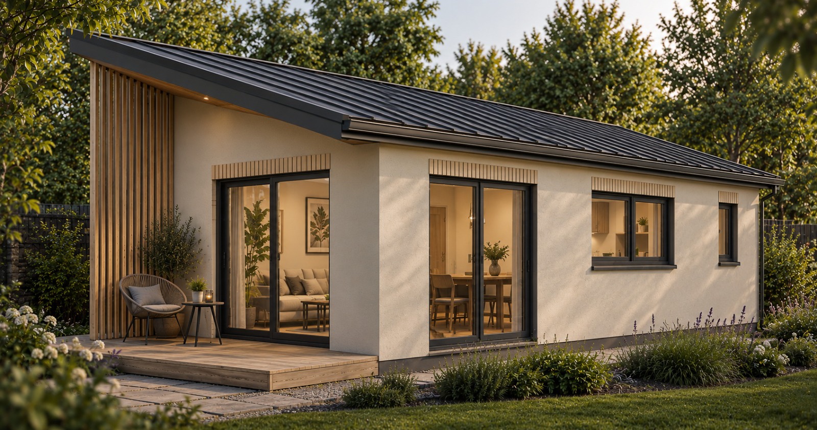 Móro Studio in white render, a certified compact home in an Irish garden