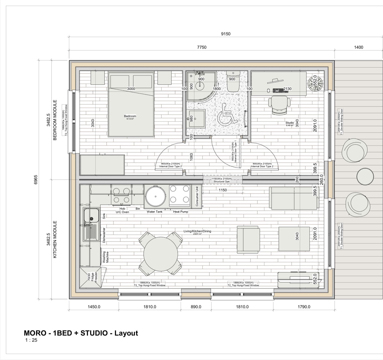 Dimensioned floor plan of the One + Office 45 m² Móro, with a home office in place of a second bedroom