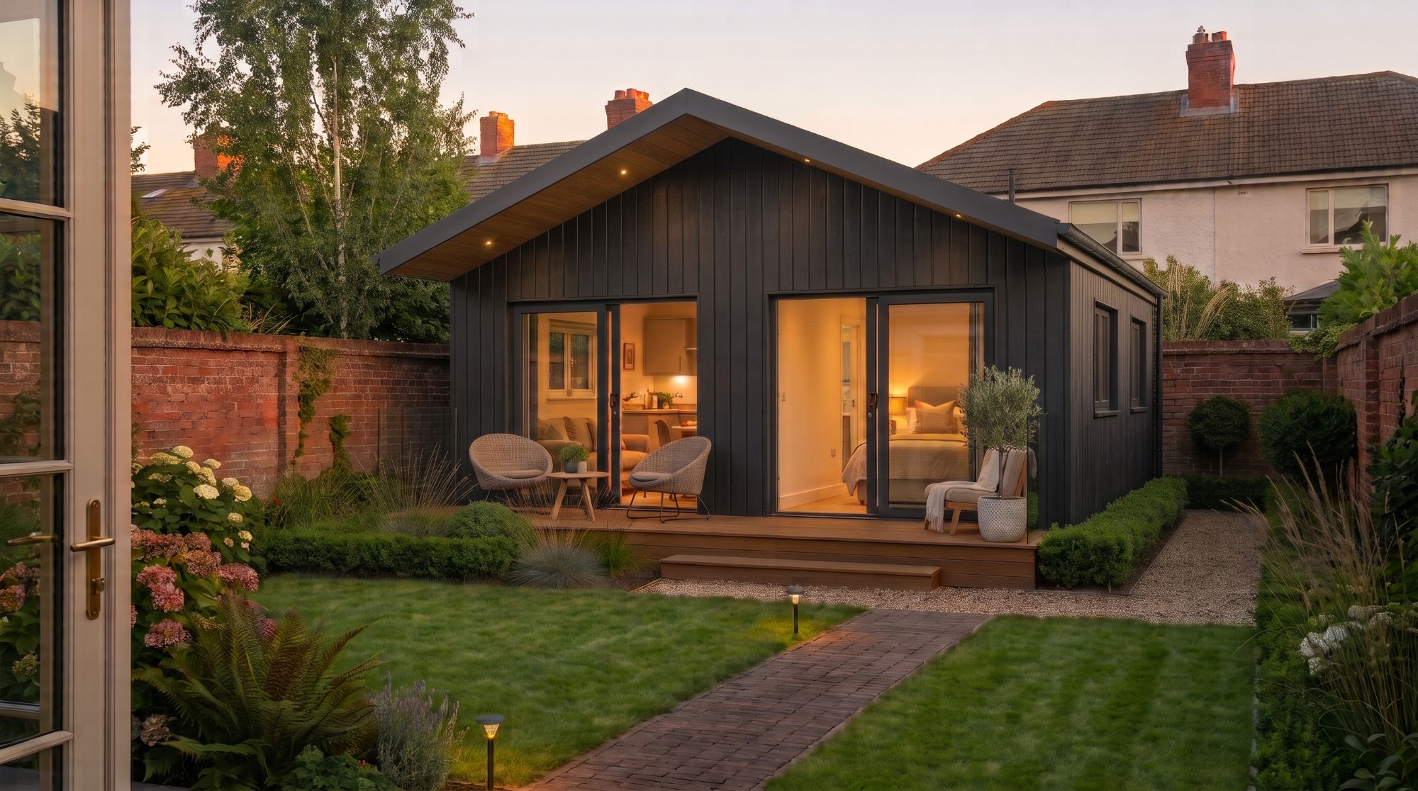 A fibre-cement clad Móro glowing warm at dusk in a suburban garden