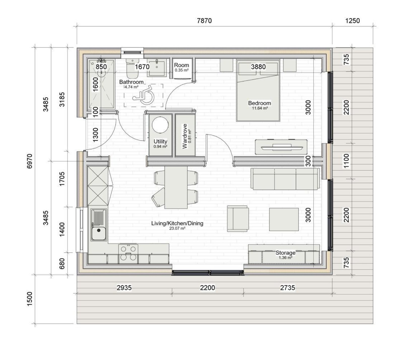 Dimensioned floor plan of the one-bedroom 45 m² Móro