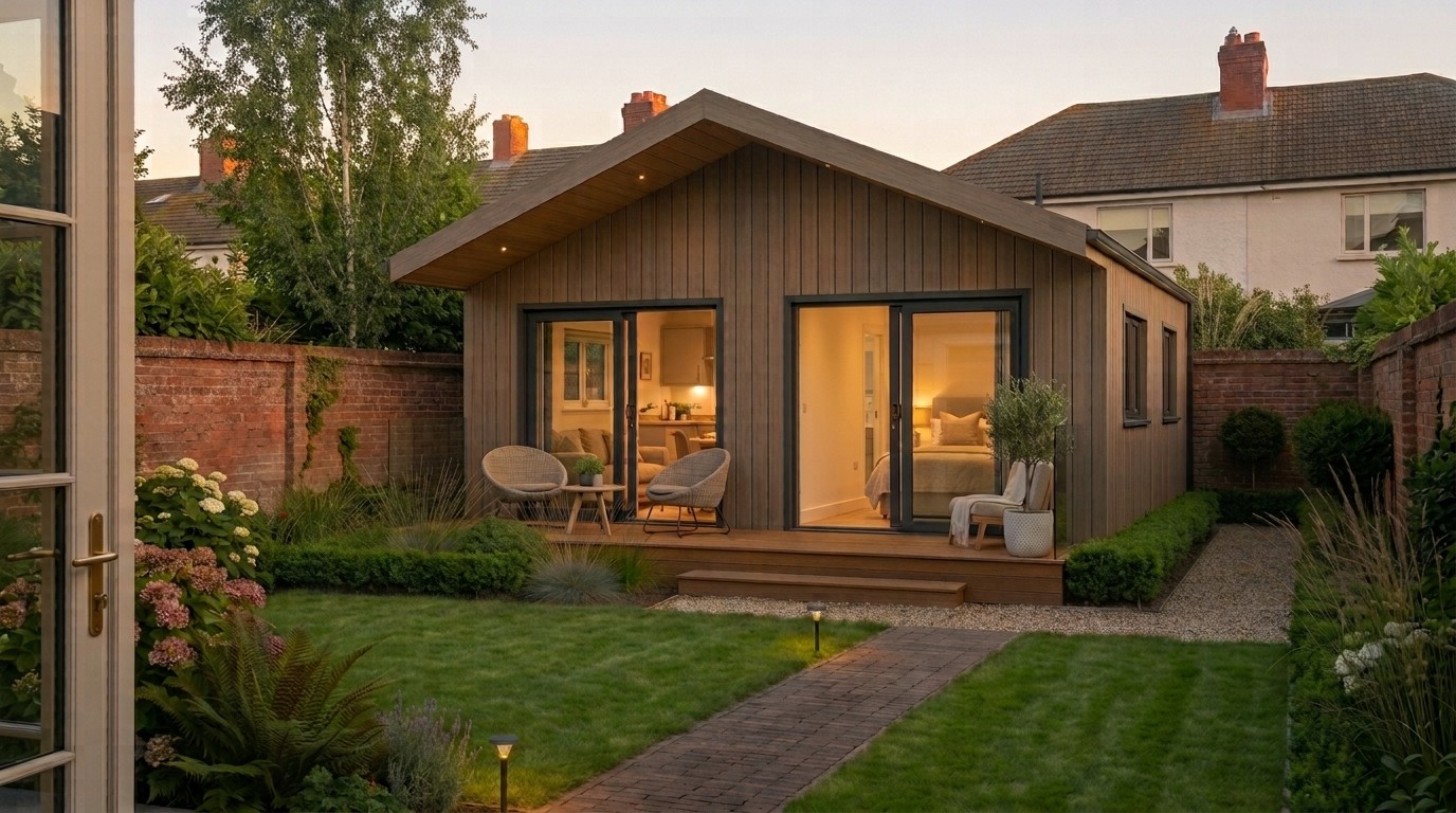 A timber-clad Móro home glowing at dusk, set in a landscaped Irish back garden with lawn, path and planting
